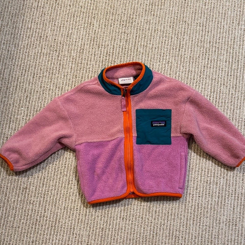 12-18 months. Patagonia Pink Fleece Jacket with Orange Trim
